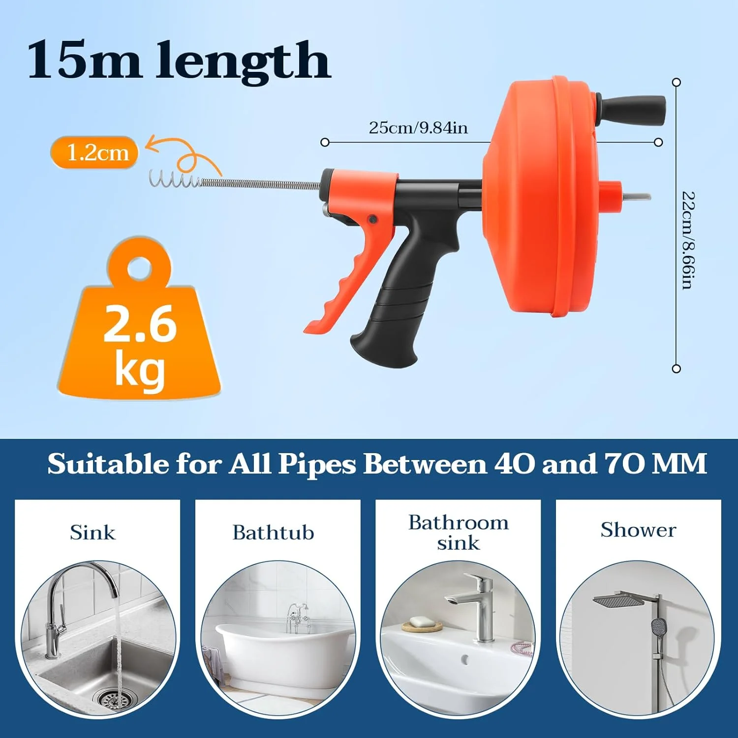 فنر لوله بازکنی 15 متری - فنر تخلیه برای آشپزخانه و حمام - فنر لوله با تغذیه خودکار - فنر تمیز کننده لوله برای کارهای DIY - فنر مقاوم در برابر گرفتگی
