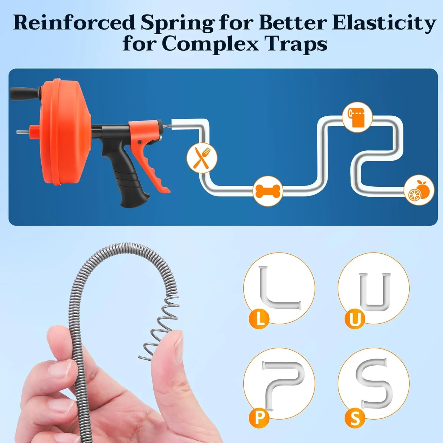 فنر لوله بازکنی 15 متری - فنر تخلیه برای آشپزخانه و حمام - فنر لوله با تغذیه خودکار - فنر تمیز کننده لوله برای کارهای DIY - فنر مقاوم در برابر گرفتگی