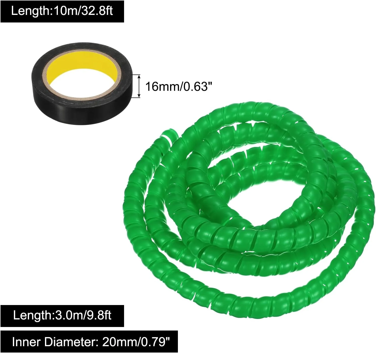 جمع کننده سیم فنری کوارکزمن، طول 3 متر، 20 میلی متر، روکش مدیریت کابل پلی پروپیلن برای سازماندهی کابل های کامپیوتر، کابل های برق، لوله های گاز - سبز با نوار چسب