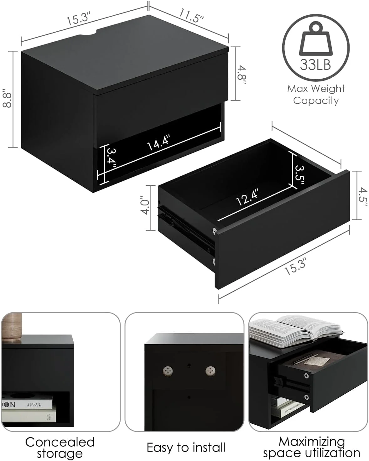 پاتختی شناور مشکی، پاتختی شناور مدرن کوچک با کشو، قفسه های شناور برای اتاق خواب، حمام پاتختی شناور مشکی، پاتختی شناور مدرن کوچک با کشو، قفسه های شناور برای اتاق خواب، حمام