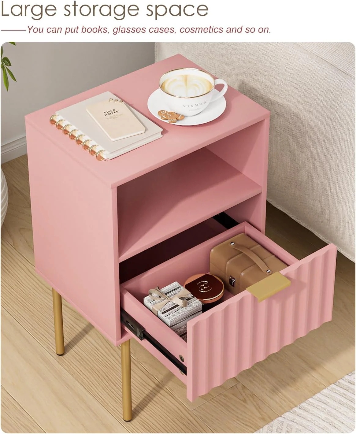 پاتختی، میز کنار تختی با قاب طلایی، پاتختی صورتی، مبلمان کنار تخت، میز عسلی مدرن با کشو و قفسه برای اتاق خواب، اتاق نشیمن (صورتی - 25.28 اینچ ارتفاع) پاتختی، میز کنار تختی با قاب طلایی، پاتختی صورتی، مبلمان کنار تخت، میز عسلی مدرن با کشو و قفسه برای اتاق خواب، اتاق نشیمن (صورتی - 25.28 اینچ ارتفاع)