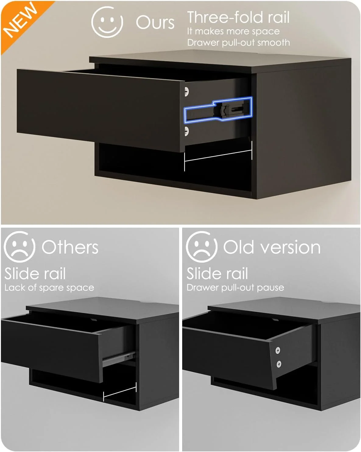 پاتختی شناور مشکی، پاتختی شناور مدرن کوچک با کشو، قفسه های شناور برای اتاق خواب، حمام پاتختی شناور مشکی، پاتختی شناور مدرن کوچک با کشو، قفسه های شناور برای اتاق خواب، حمام