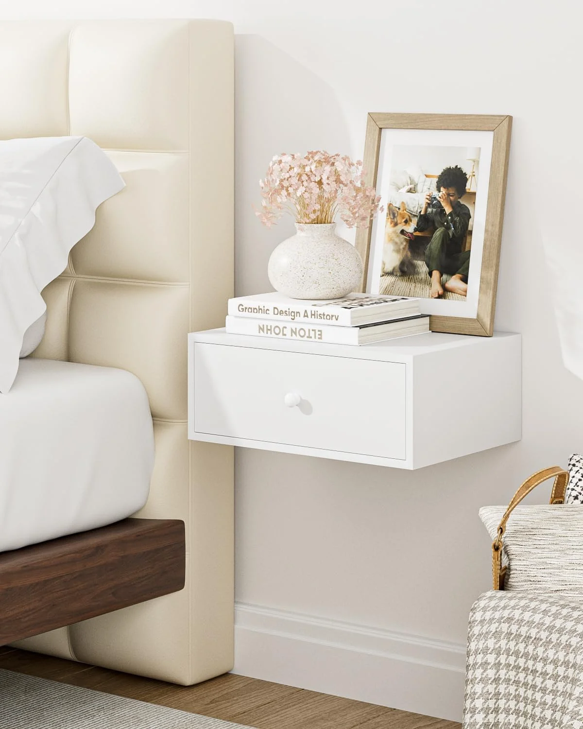 میز کنار تختی شناور، میزهای کنار تختی شناور با کشو، کابینت دیواری تخت برای اتاق خواب، اتاق نشیمن (سفید) میز کنار تختی شناور، میزهای کنار تختی شناور با کشو، کابینت دیواری تخت برای اتاق خواب، اتاق نشیمن (سفید)