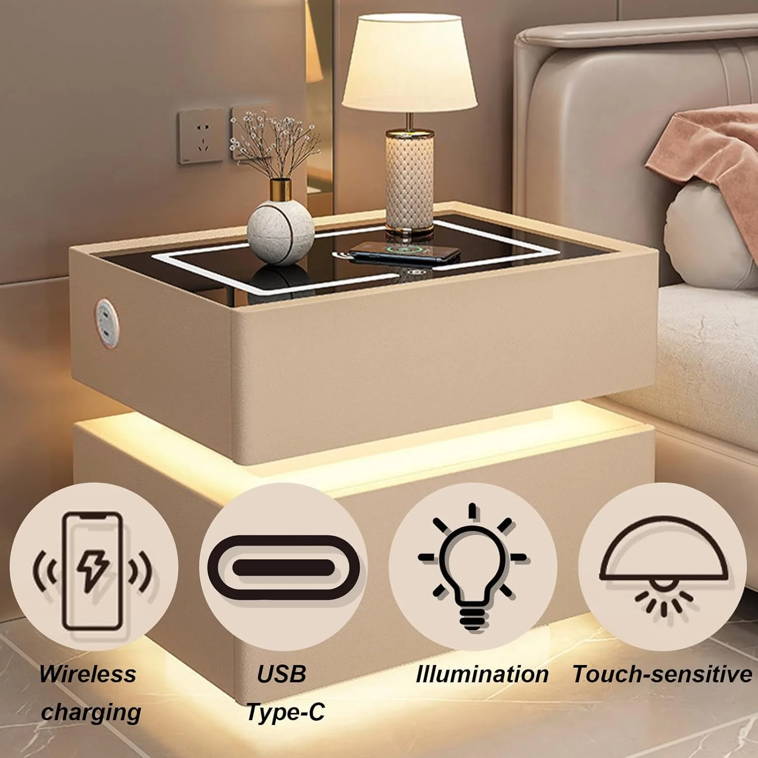 میز کنار تختی، میز کنار تختی هوشمند، میزهای کنار تخت، دارای دو کشو برای نگهداری، میز انتهایی هوشمند با نور 3 رنگ برای اتاق خواب، اتاق نشیمن میز کنار تختی، میز کنار تختی هوشمند، میزهای کنار تخت، دارای دو کشو برای نگهداری، میز انتهایی هوشمند با نور 3 رنگ برای اتاق خواب، اتاق نشیمن