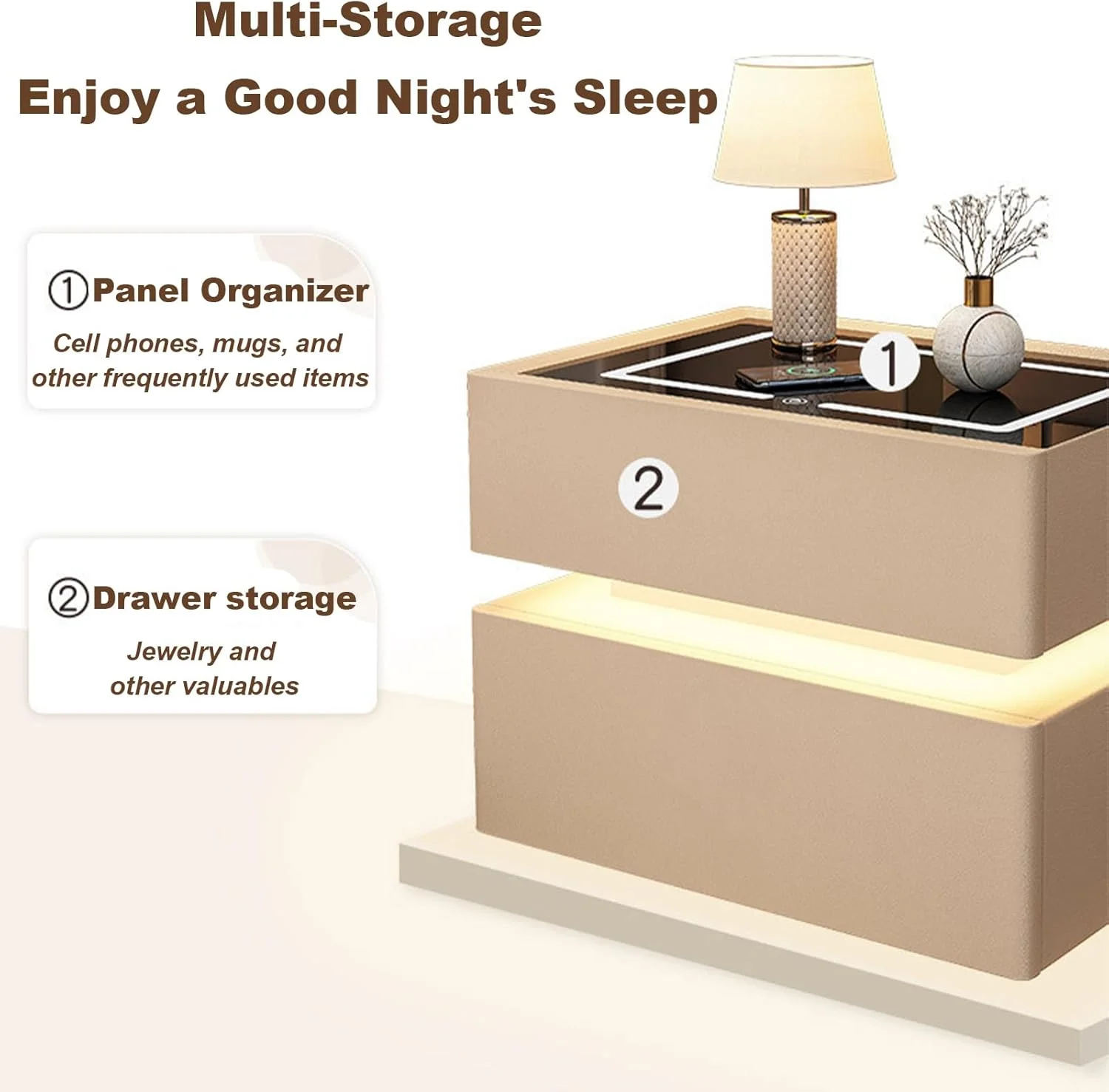 میز کنار تختی، میز کنار تختی هوشمند، میزهای کنار تخت، دارای دو کشو برای نگهداری، میز انتهایی هوشمند با نور 3 رنگ برای اتاق خواب، اتاق نشیمن میز کنار تختی، میز کنار تختی هوشمند، میزهای کنار تخت، دارای دو کشو برای نگهداری، میز انتهایی هوشمند با نور 3 رنگ برای اتاق خواب، اتاق نشیمن