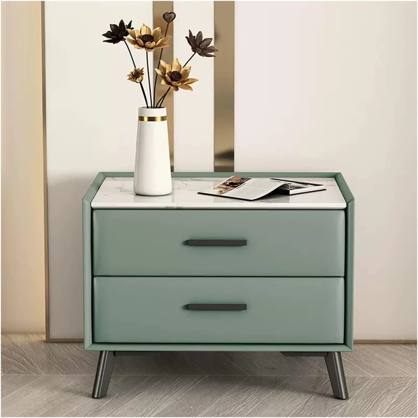 میز کنار تختی مدرن سبز رنگ، میز شب چوبی مستطیلی با روکش چرم مصنوعی و لاک الکل، کمد کنار تخت خواب، دارای 2 کشو برای نگهداری وسایل، مناسب اتاق خواب میز کنار تختی مدرن سبز رنگ، میز شب چوبی مستطیلی با روکش چرم مصنوعی و لاک الکل، کمد کنار تخت خواب، دارای 2 کشو برای نگهداری وسایل، مناسب اتاق خواب