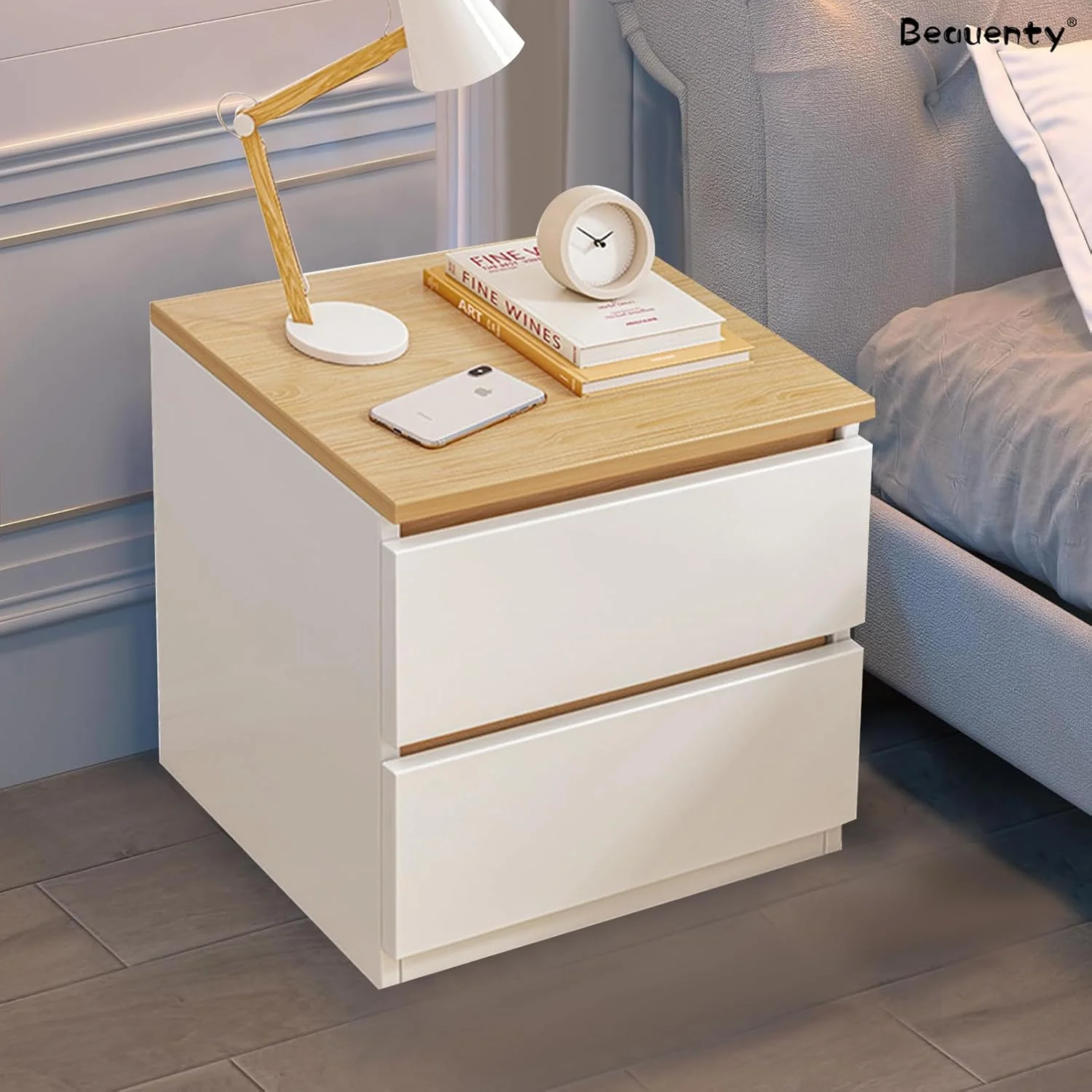 میز کنار تختی Beauenty، میز چوبی، مونتاژ آسان، میز کنار تختی با کشو برای اتاق خواب، اتاق نشیمن، خوابگاه (مدل 4)