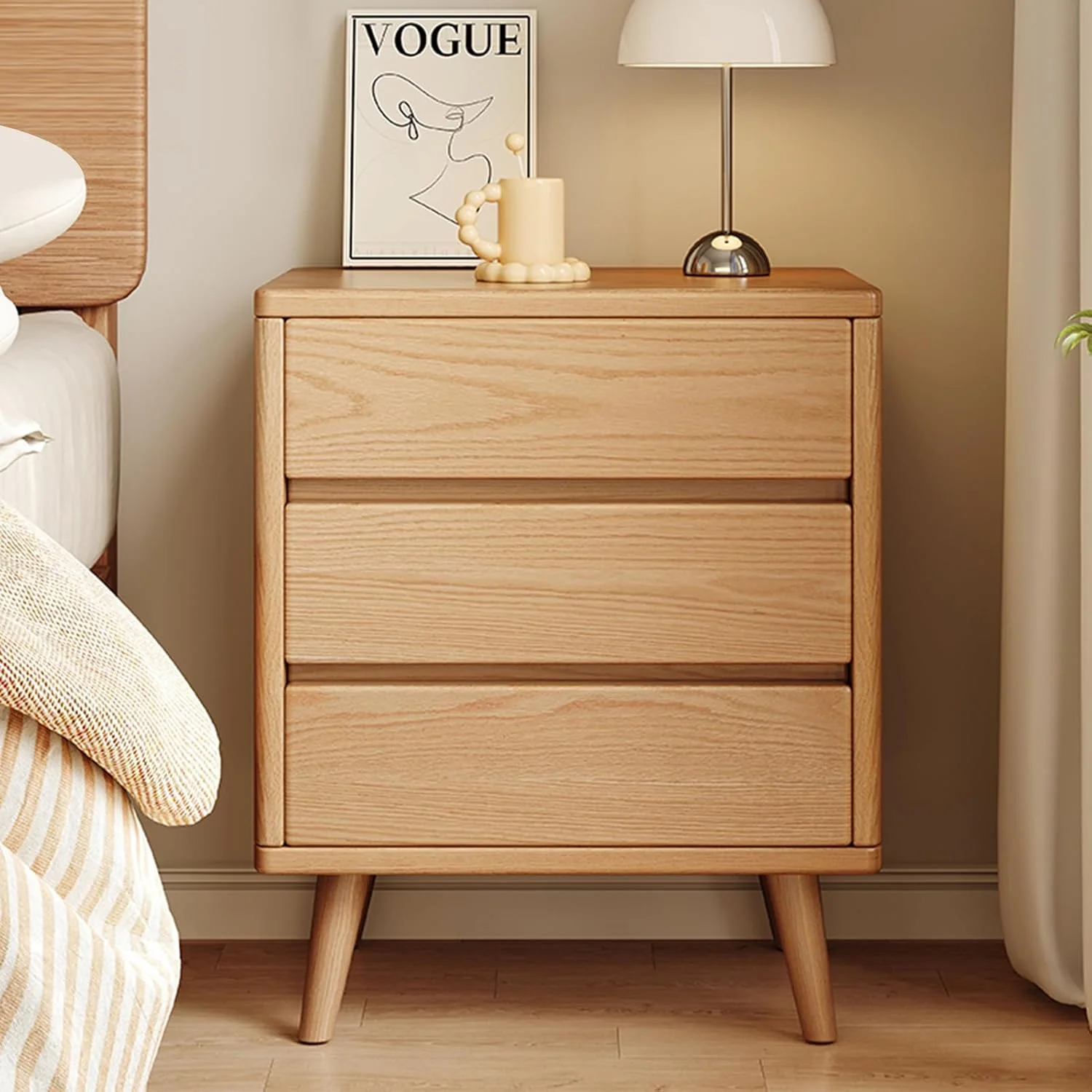 میز کنار تختی Beauenty، میز شب مدرن 3 کشویی، میز انتهایی با روکش چوب گردو، 50x40x62 سانتی متر، طراحی اواسط قرن (سبک 4)