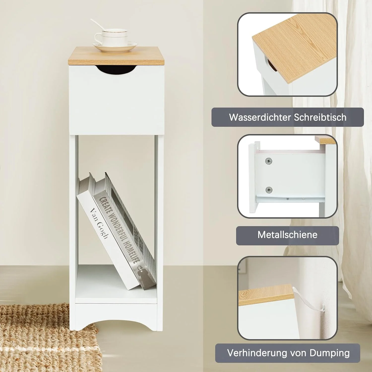 میز کنار تختی سفید با کشو برای اتاق خواب و اتاق کودک، میز کنار تختی برای تخت فنری، میز تلفن کنار مبل، ابعاد: 20 x 35 x 60 سانتی متر، C میز کنار تختی سفید با کشو برای اتاق خواب و اتاق کودک، میز کنار تختی برای تخت فنری، میز تلفن کنار مبل، ابعاد: 20 x 35 x 60 سانتی متر، C