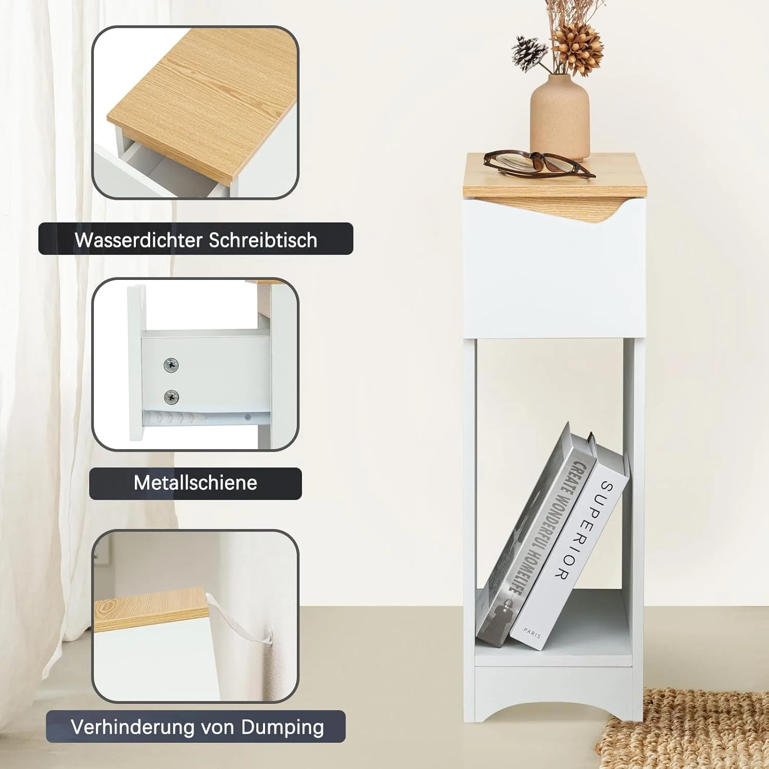 میز کنار تختی سفید، مناسب اتاق خواب و اتاق کودک، میز تلفن، ابعاد: 20x35x60 سانتی متر میز کنار تختی سفید، مناسب اتاق خواب و اتاق کودک، میز تلفن، ابعاد: 20x35x60 سانتی متر