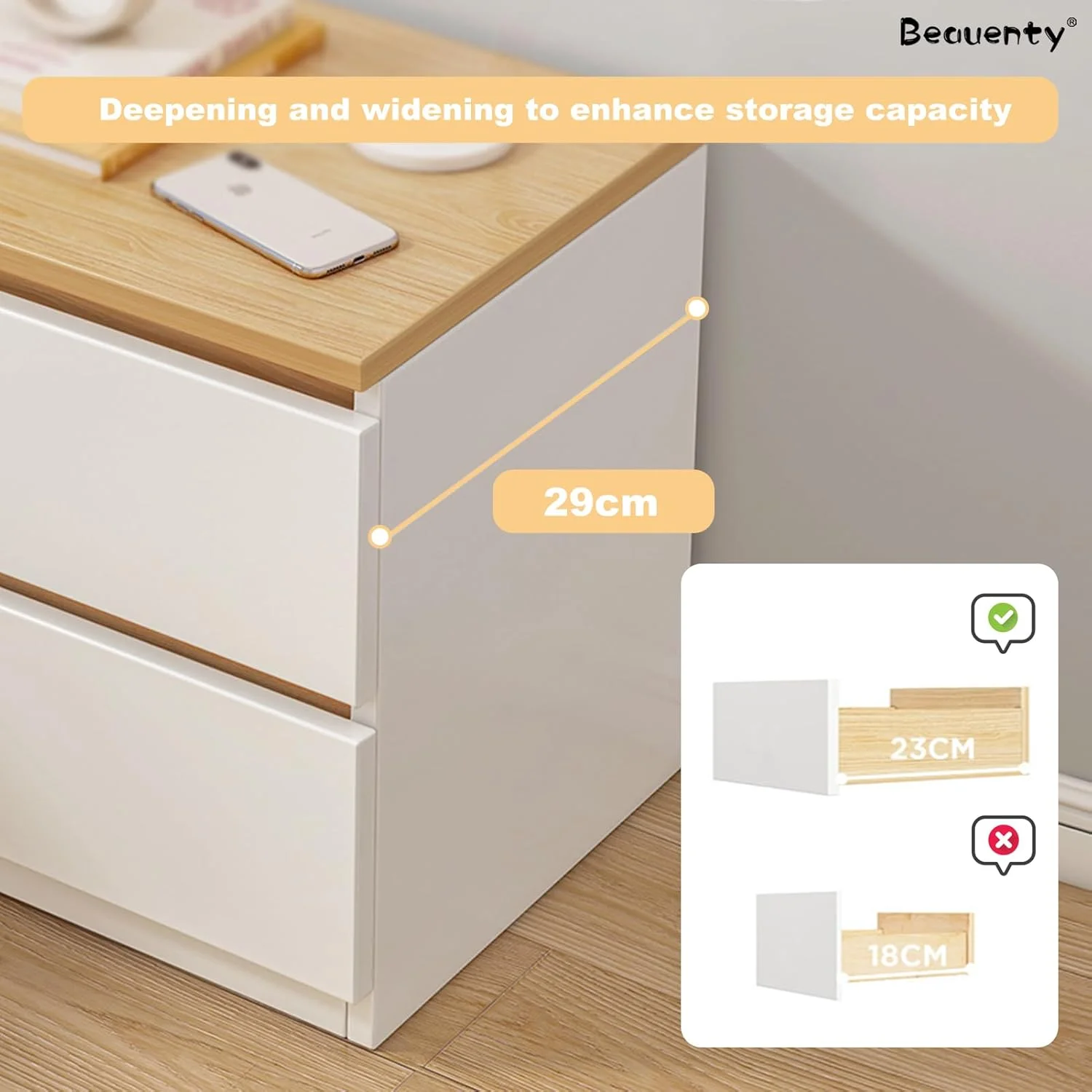 میز کنار تختی Beauenty، میز چوبی، مونتاژ آسان، میز کنار تختی با کشو برای اتاق خواب، اتاق نشیمن، خوابگاه (مدل 4)