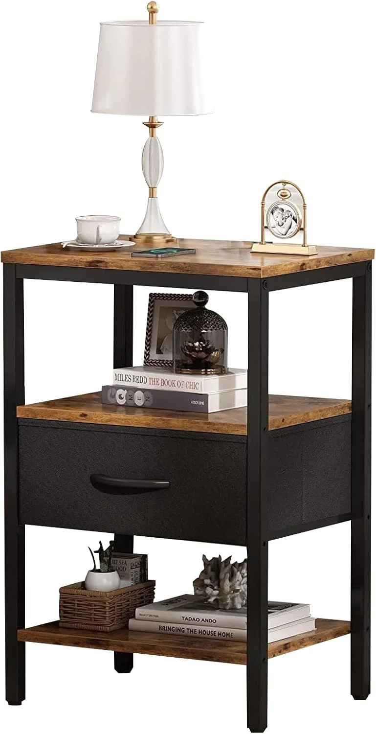 میز کنار تختی صنعتی Beauenty، میز کنار تخت، میز کنار مبل اتاق نشیمن با کشوهای پارچه ای نبافته (1 کشو)