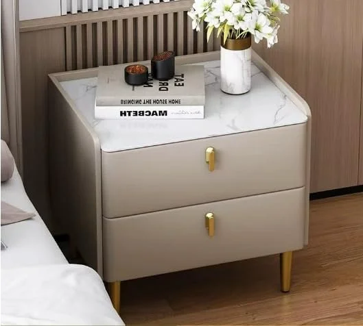 میز پاتختی چوبی Beauenty با 2 کشو، رویه طرح سنگ مرمر، میز کنار تختی مدرن مینیمالیستی برای اتاق خواب، اتاق نشیمن (خاکی)