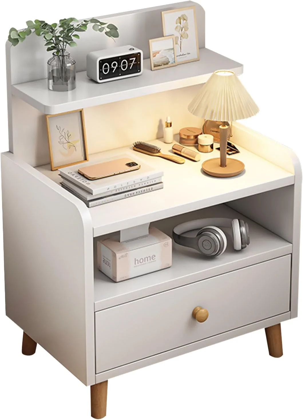 میز کنار تختی Beauenty، میز کنار تخت چوبی با کشو، قفسه ذخیره سازی کابینت کنار تخت دو طبقه، قفسه ذخیره سازی باز با سطح پهن تر برای اتاق خواب و اتاق نشیمن (سفید)
