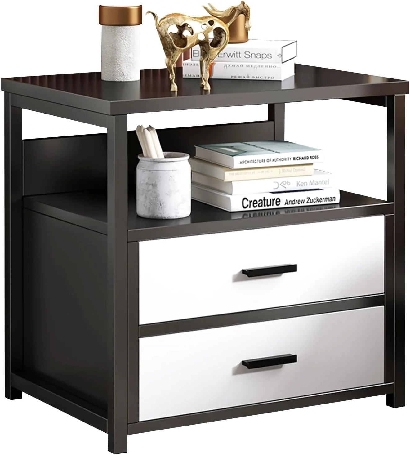 میز کنار تختی Beauenty، کابینت کنار تخت چوبی با کشو و قفسه نگهداری باز، میز انتهایی ساده چوبی با قاب فولادی برای اتاق خواب، اتاق نشیمن، خوابگاه (خاکستری تیره)