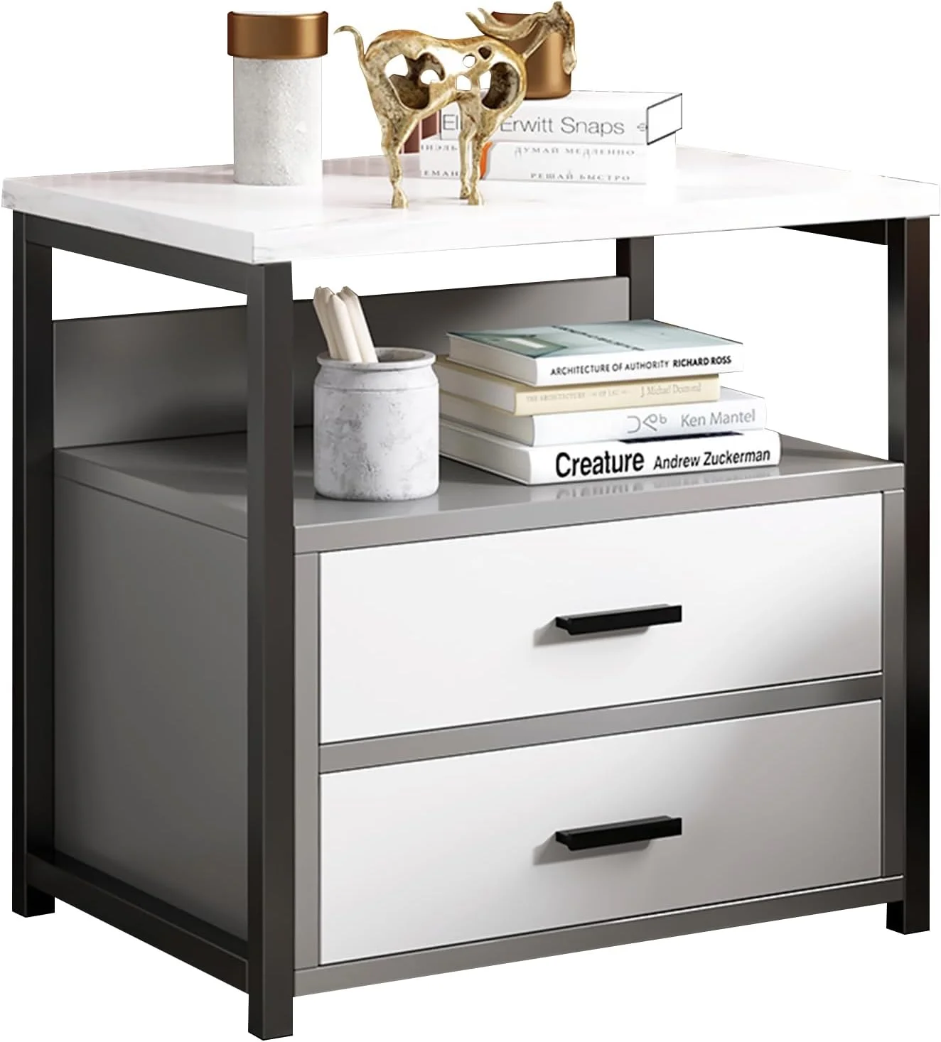 میز کنار تختی Beauenty، کابینت کنار تخت چوبی با کشو و قفسه نگهداری باز، میز انتهایی ساده چوبی با قاب فولادی برای اتاق خواب، اتاق نشیمن، خوابگاه (خاکستری روشن)