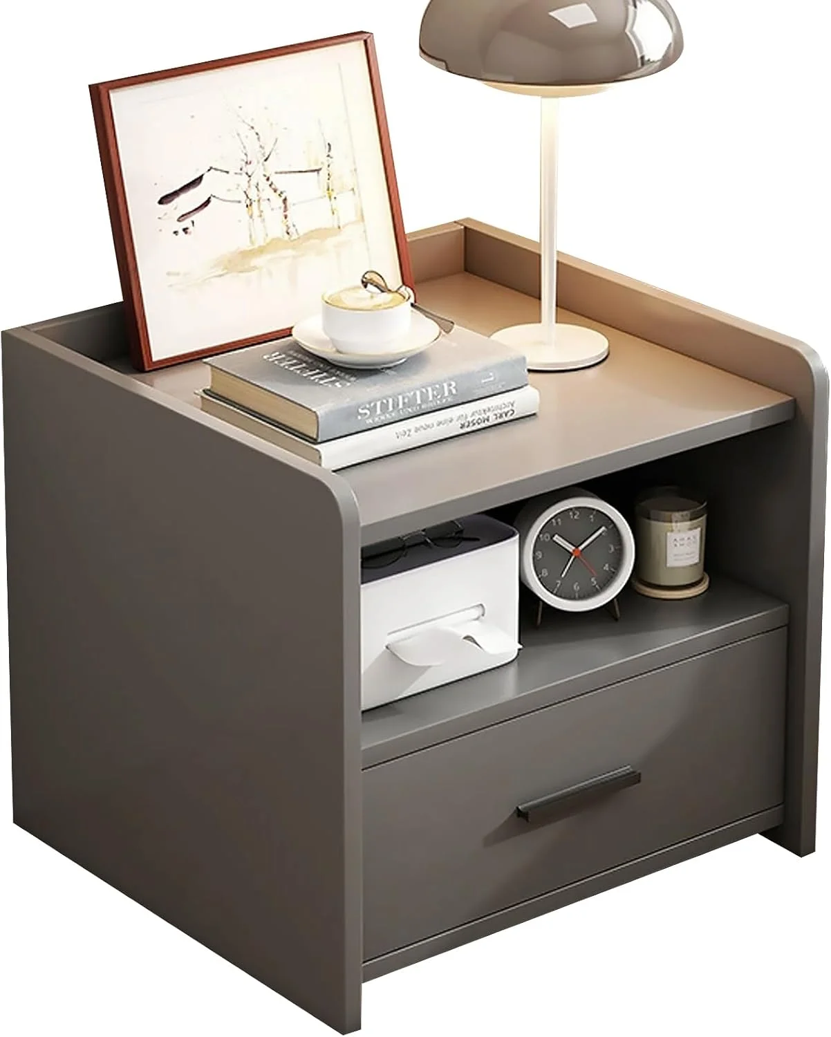 میز پاتختی مدرن Beauenty با کشو، میز کنار تختی برای اتاق خواب و نشیمن، پاتختی با فضای ذخیره سازی بزرگ، پاتختی خاکستری درجه یک (مدل 1)