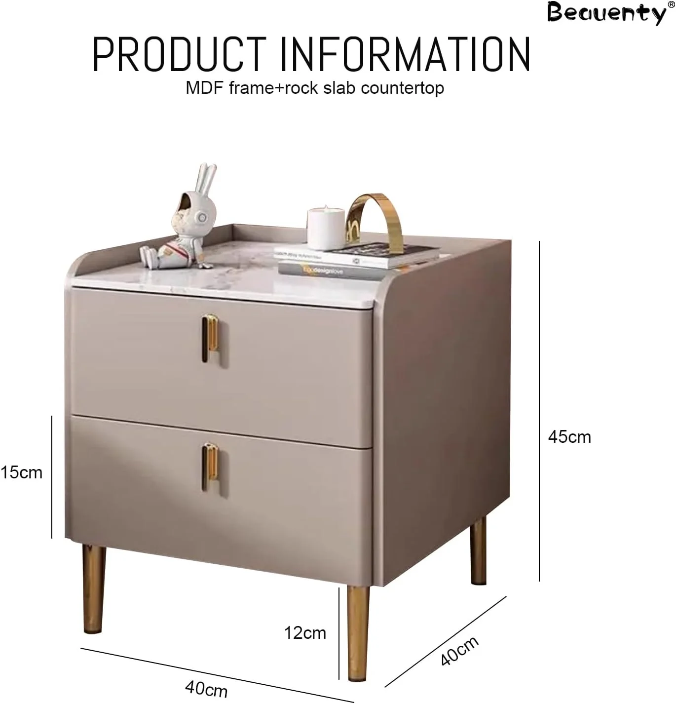میز پاتختی چوبی Beauenty با 2 کشو، رویه طرح سنگ مرمر، میز کنار تختی مدرن مینیمالیستی برای اتاق خواب، اتاق نشیمن (خاکی)