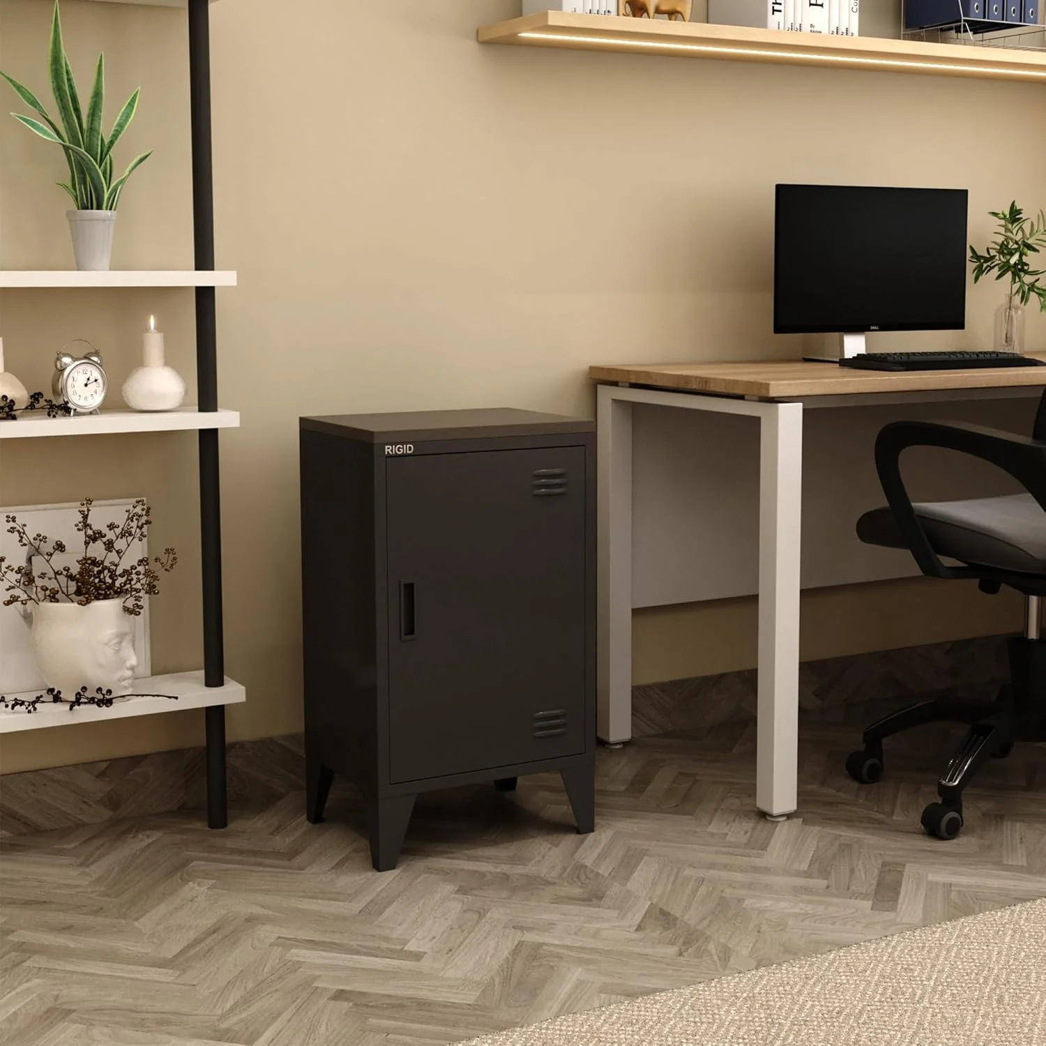 کابینت کنار تختی فلزی محکم با 2 طبقه، میزهای جانبی برای مبل و تخت، میز کوچک کنار تختی با درب مغناطیسی برای اتاق نشیمن، اتاق خواب، مدرسه، باشگاه، دفتر (مشکی، 40 عمق x 38 عرض x 65.5 ارتفاع سانتی متر)