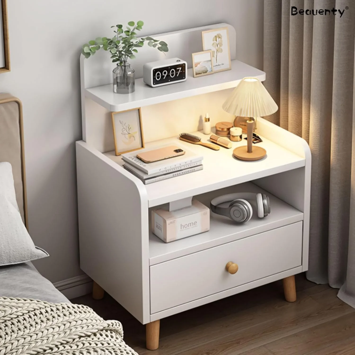 میز کنار تختی Beauenty، میز کنار تخت چوبی با کشو، قفسه ذخیره سازی کابینت کنار تخت دو طبقه، قفسه ذخیره سازی باز با سطح پهن تر برای اتاق خواب و اتاق نشیمن (سفید) میز کنار تختی Beauenty، میز کنار تخت چوبی با کشو، قفسه ذخیره سازی کابینت کنار تخت دو طبقه، قفسه ذخیره سازی باز با سطح پهن تر برای اتاق خواب و اتاق نشیمن (سفید)