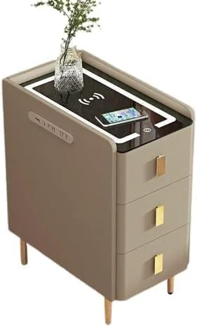 میز کنار تختی هوشمند اتاق خواب با کشو، میز کنار تخت، با قابلیت شارژ، میز مدرن کنار تختی با چراغ LED (سفید کرمی)