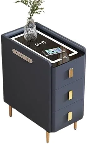 میز کنار تختی هوشمند اتاق خواب با کشو، میز کنار تختی، با قابلیت شارژ، میز مدرن کنار تختی با نور ال ای دی. (آبی)