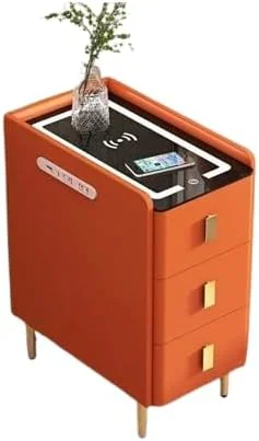 میز کنار تختی هوشمند SUPAAR، کابینت کنار تخت خواب با کشو، میز شب، با قابلیت شارژ، میز مدرن شب با چراغ ال ای دی. (نارنجی)