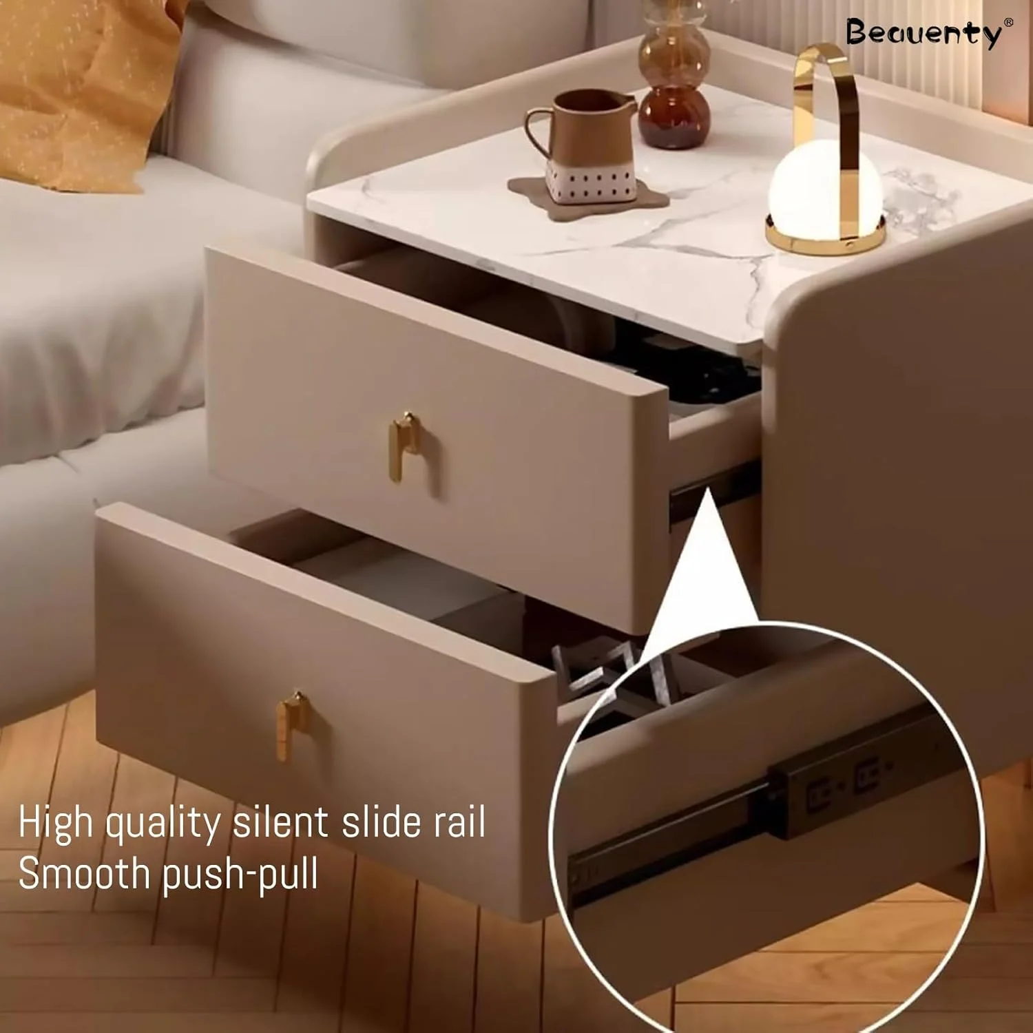 میز پاتختی چوبی Beauenty با 2 کشو، رویه طرح سنگ مرمر، میز کنار تختی مدرن مینیمالیستی برای اتاق خواب، اتاق نشیمن (خاکی)