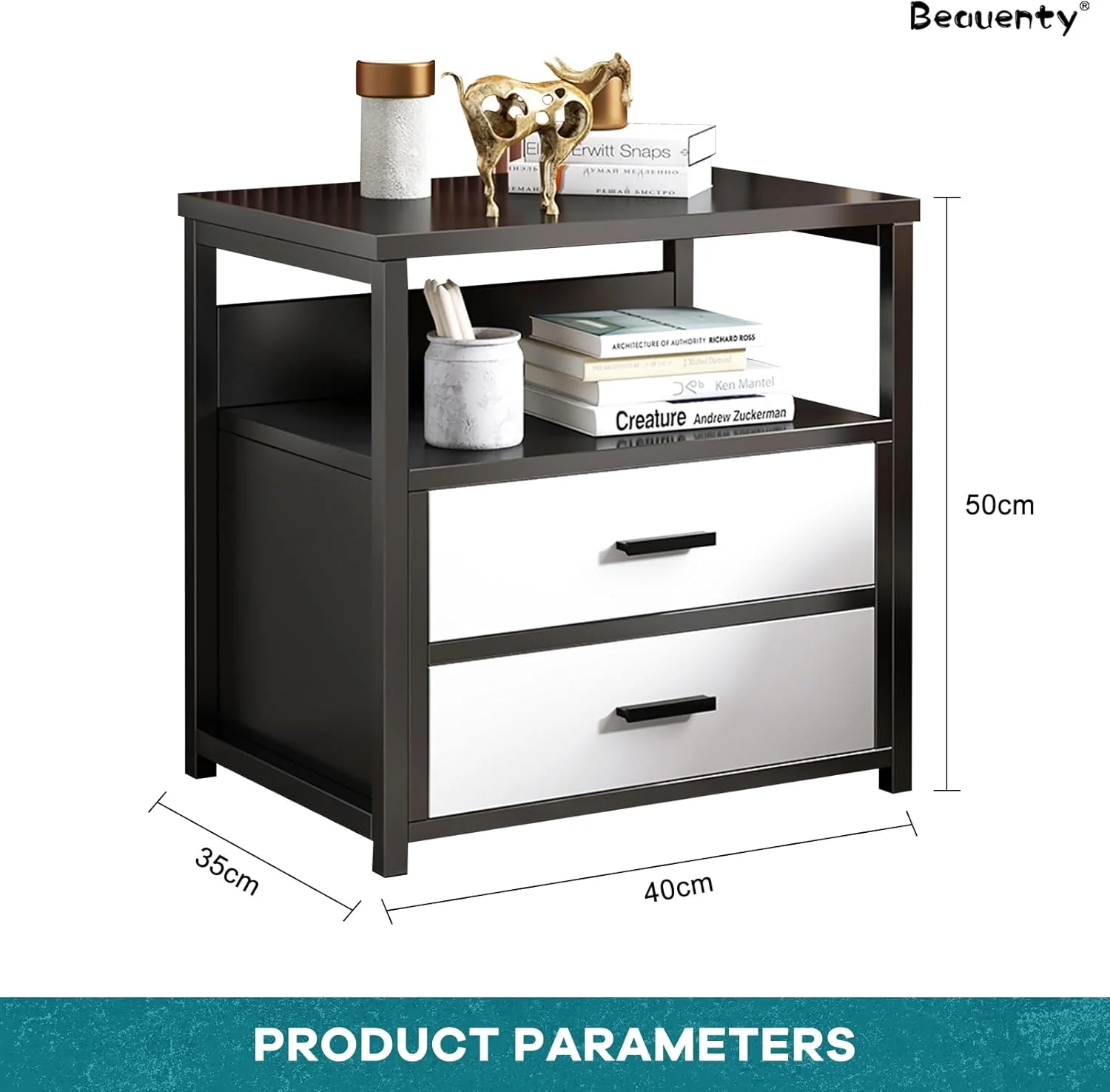 میز کنار تختی Beauenty، کابینت کنار تخت چوبی با کشو و قفسه نگهداری باز، میز انتهایی ساده چوبی با قاب فولادی برای اتاق خواب، اتاق نشیمن، خوابگاه (خاکستری تیره)