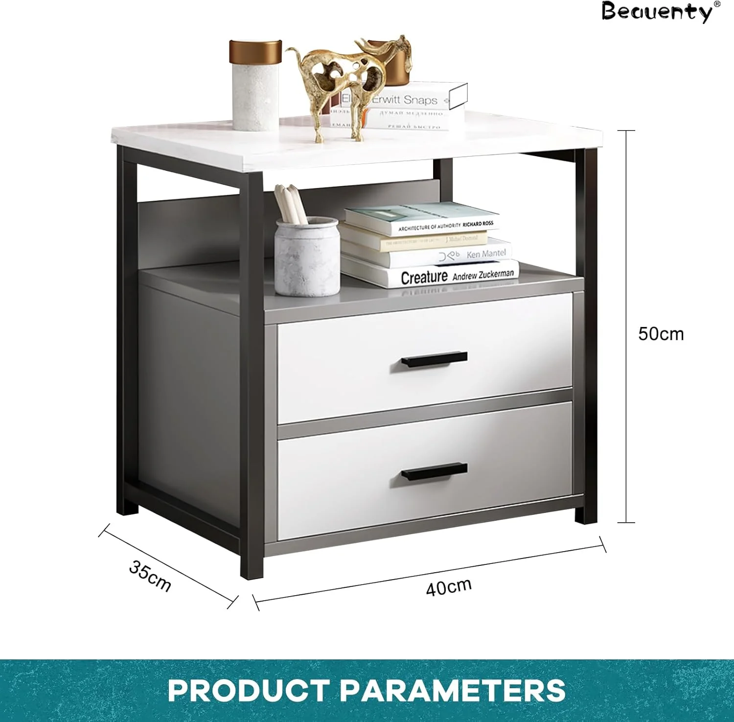 میز کنار تختی Beauenty، کابینت کنار تخت چوبی با کشو و قفسه نگهداری باز، میز انتهایی ساده چوبی با قاب فولادی برای اتاق خواب، اتاق نشیمن، خوابگاه (خاکستری روشن)