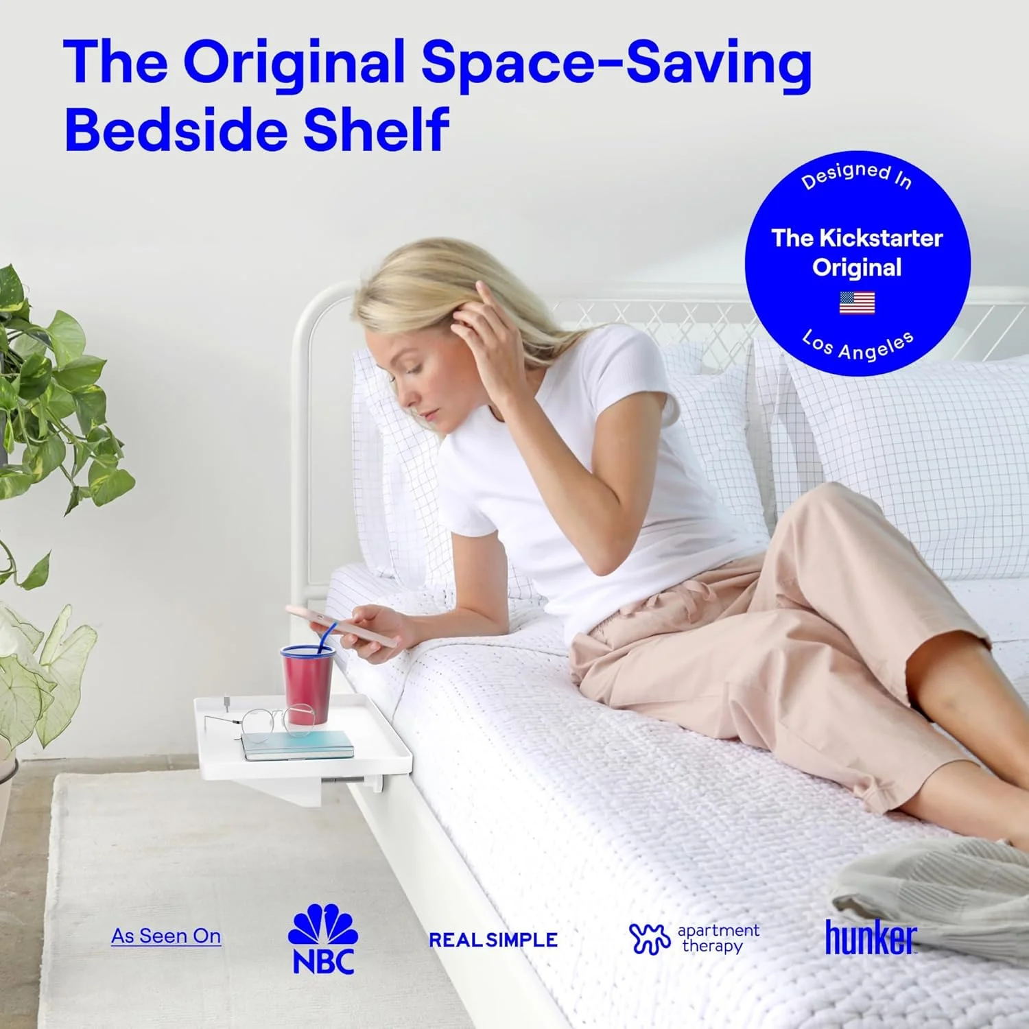 قفسه کنار تختی BedShelfie برای تخت و تختخواب بالایی - لوازم ضروری اتاق خوابگاه دانشجویی، لوازم جانبی تختخواب زیر شیروانی، سازمان دهنده تنقلات کنار تخت گیره ای، سینی میز کنار تخت شناور - نگهدارنده کابل، سفید