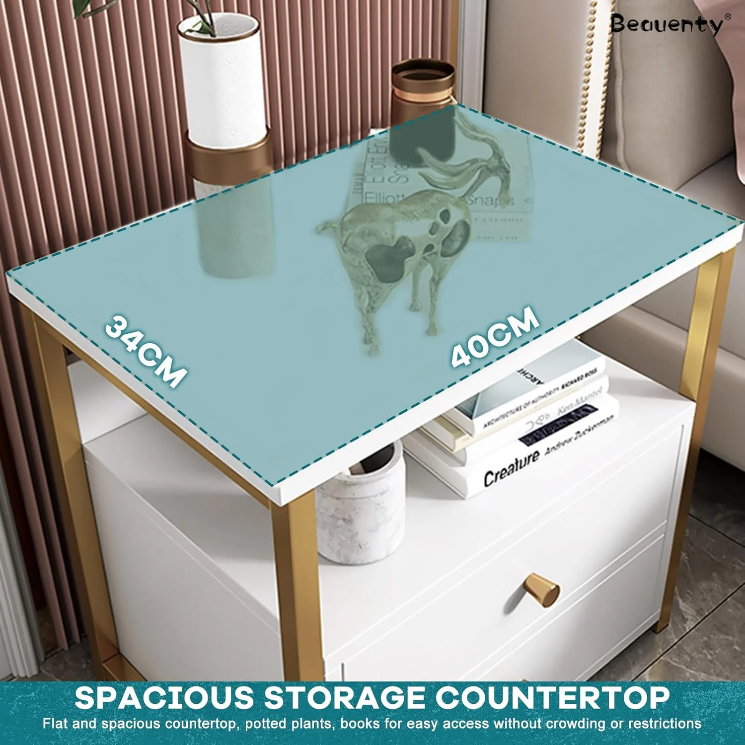 میز کنار تختی Beauenty، کابینت کنار تخت چوبی با کشو و قفسه نگهداری باز، میز انتهایی ساده چوبی با قاب فولادی برای اتاق خواب، اتاق نشیمن، خوابگاه (خاکستری تیره)