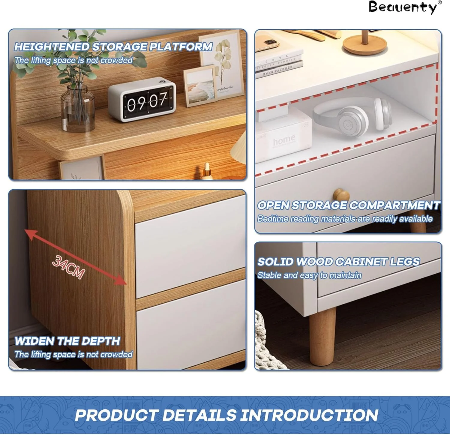 میز کنار تختی Beauenty، میز کنار تخت چوبی با کشو، قفسه ذخیره سازی کابینت کنار تخت دو طبقه، قفسه ذخیره سازی باز با سطح پهن تر برای اتاق خواب و اتاق نشیمن (سفید) میز کنار تختی Beauenty، میز کنار تخت چوبی با کشو، قفسه ذخیره سازی کابینت کنار تخت دو طبقه، قفسه ذخیره سازی باز با سطح پهن تر برای اتاق خواب و اتاق نشیمن (سفید)