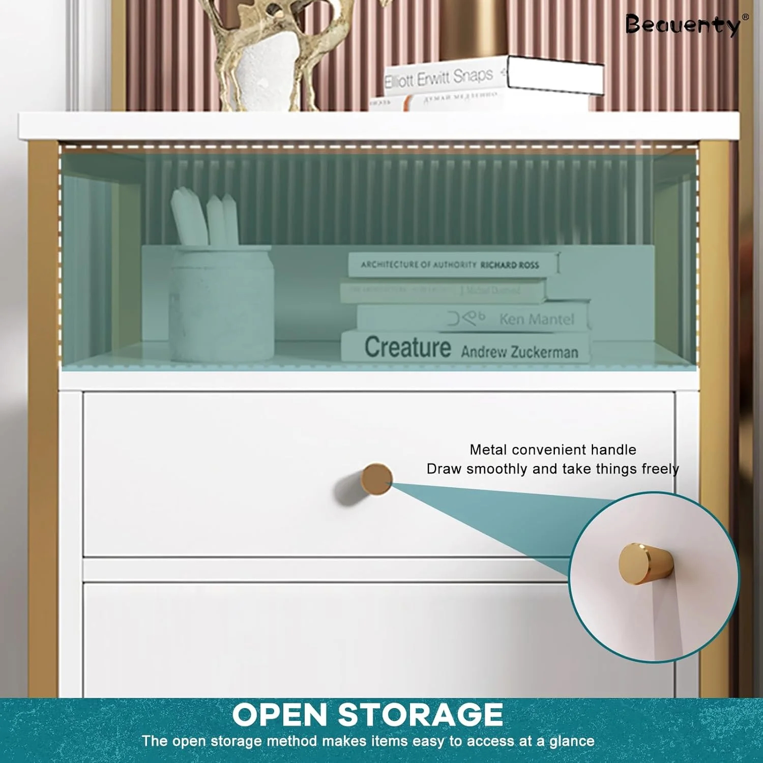 میز کنار تختی Beauenty، کابینت کنار تخت چوبی با کشو و قفسه نگهداری باز، میز انتهایی ساده چوبی با قاب فولادی برای اتاق خواب، اتاق نشیمن، خوابگاه (خاکستری تیره)