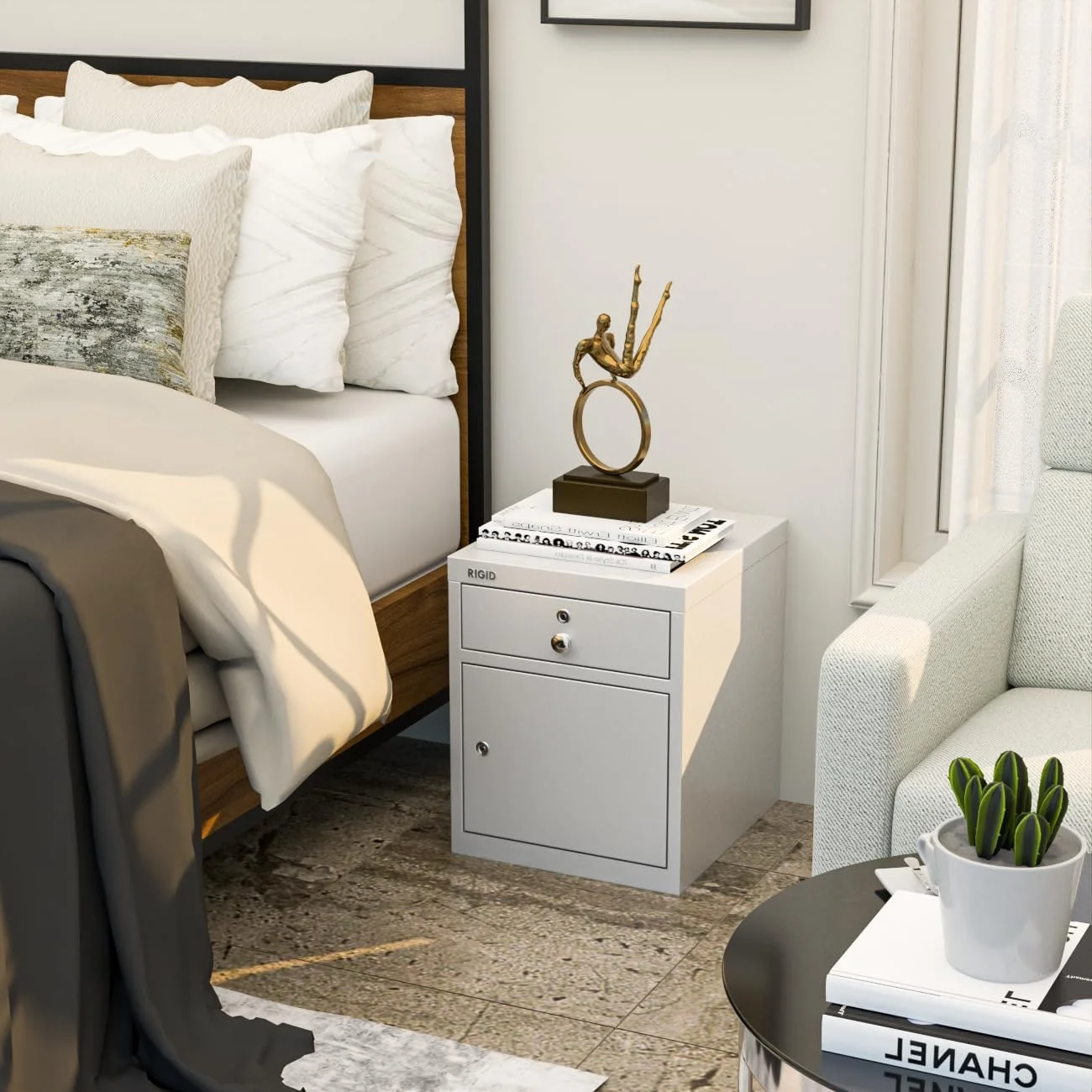 کابینت کنار تختی محکم | کابینت واحد ذخیره سازی کنار تخت خواب با کشو و درب چرخشی | میز کنار تختی قفل دار برای اتاق نشیمن مهمان خانه و دفتر کار (سفید، 45D x 40W x 50H سانتی متر) مونتاژ شده