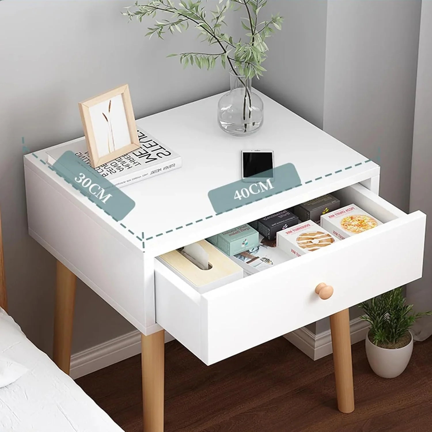 میز کنار تختی با کشو، میز شب مدرن با پایه های چوبی محکم، میز کناری کاربردی، مبلمان اتاق خواب شیک سفید (1 کشو) میز کنار تختی با کشو، میز شب مدرن با پایه های چوبی محکم، میز کناری کاربردی، مبلمان اتاق خواب شیک سفید (1 کشو)