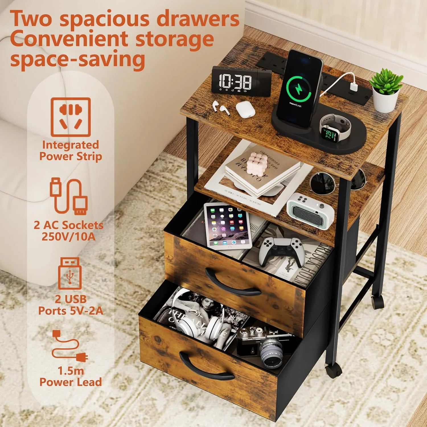 میز کنار تختی - کابینت کنار تختی با ایستگاه شارژ - میز کنار تختی با 2 کشو پارچه ای بزرگ، میز کنار تخت 42 سانتی متری با چراغ های ال ای دی برای اتاق خواب، اتاق نشیمن میز کنار تختی - کابینت کنار تختی با ایستگاه شارژ - میز کنار تختی با 2 کشو پارچه ای بزرگ، میز کنار تخت 42 سانتی متری با چراغ های ال ای دی برای اتاق خواب، اتاق نشیمن