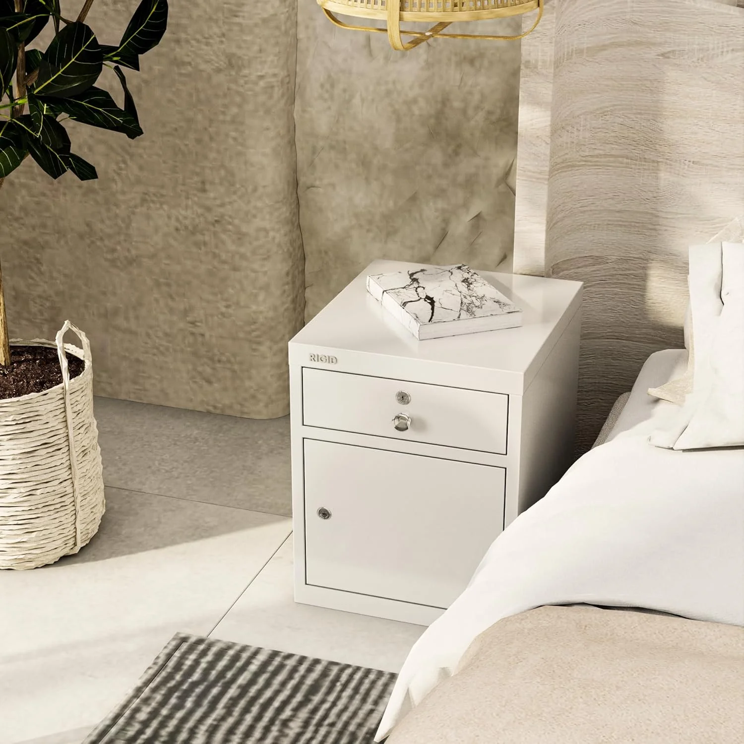 کابینت کنار تختی محکم | کابینت واحد ذخیره سازی کنار تخت خواب با کشو و درب چرخشی | میز کنار تختی قفل دار برای اتاق نشیمن مهمان خانه و دفتر کار (سفید، 45D x 40W x 50H سانتی متر) مونتاژ شده