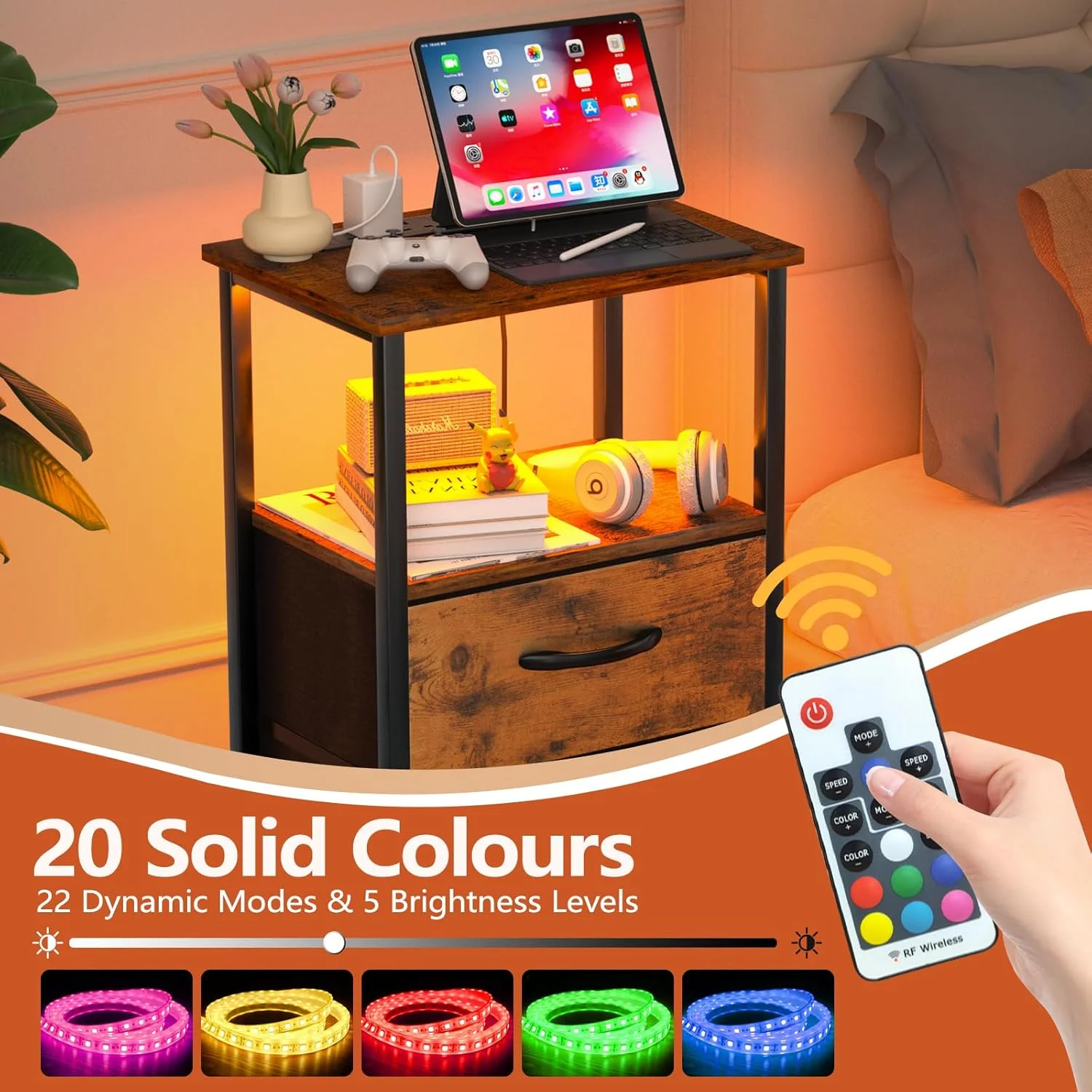 میز کنار تختی - کابینت کنار تختی با ایستگاه شارژ - میز کنار تختی با 2 کشو پارچه ای بزرگ، میز کنار تخت 42 سانتی متری با چراغ های ال ای دی برای اتاق خواب، اتاق نشیمن میز کنار تختی - کابینت کنار تختی با ایستگاه شارژ - میز کنار تختی با 2 کشو پارچه ای بزرگ، میز کنار تخت 42 سانتی متری با چراغ های ال ای دی برای اتاق خواب، اتاق نشیمن