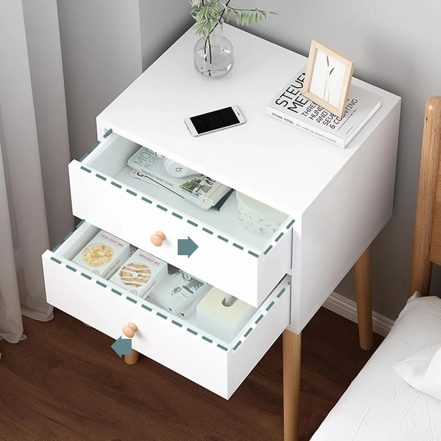 میز کنار تختی با کشو، میز شب مدرن با پایه های چوبی محکم، میز کناری کاربردی، مبلمان اتاق خواب شیک سفید (1 کشو) میز کنار تختی با کشو، میز شب مدرن با پایه های چوبی محکم، میز کناری کاربردی، مبلمان اتاق خواب شیک سفید (1 کشو)