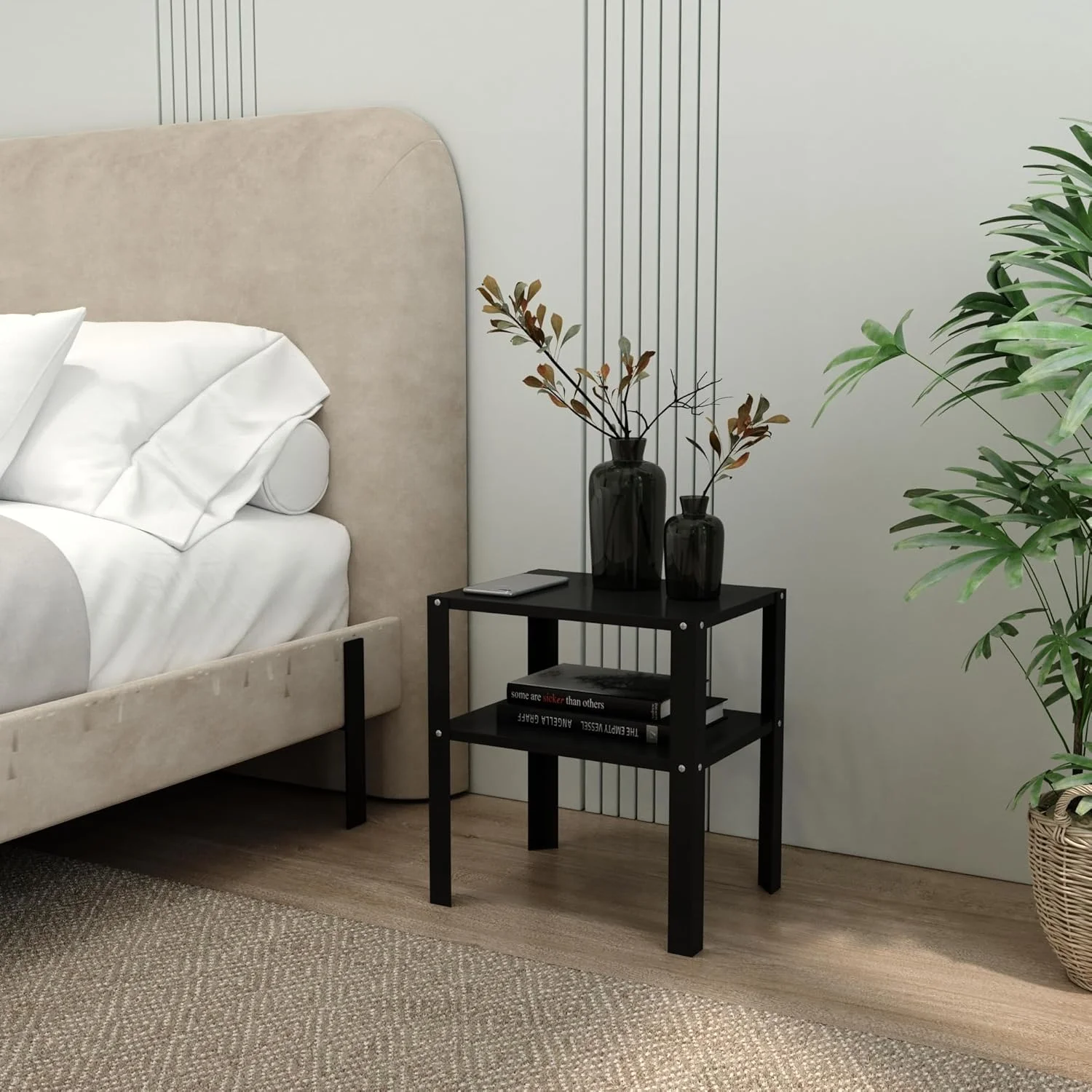 میز پاتختی محکم با قفسه های ذخیره سازی | میز عسلی فلزی برای اتاق خواب، اتاق نشیمن و خانه | میز کنار مبل کوچک با پایه (مشکی، 28D x 37W x 41H CM)، از قبل مونتاژ شده میز پاتختی محکم با قفسه های ذخیره سازی | میز عسلی فلزی برای اتاق خواب، اتاق نشیمن و خانه | میز کنار مبل کوچک با پایه (مشکی، 28D x 37W x 41H CM)، از قبل مونتاژ شده