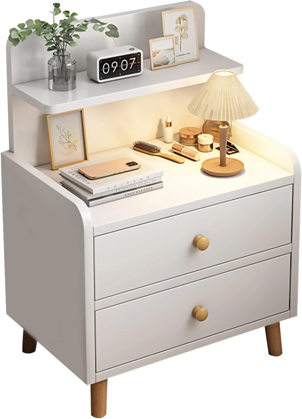 میز کنار تختی DAYONG، پاتختی مدرن با پایه های چوبی محکم، قفسه نگهداری کابینت کنار تخت با کشو، میز کناری محکم برای اتاق خواب، اتاق نشیمن، خوابگاه (مدل A - سفید)