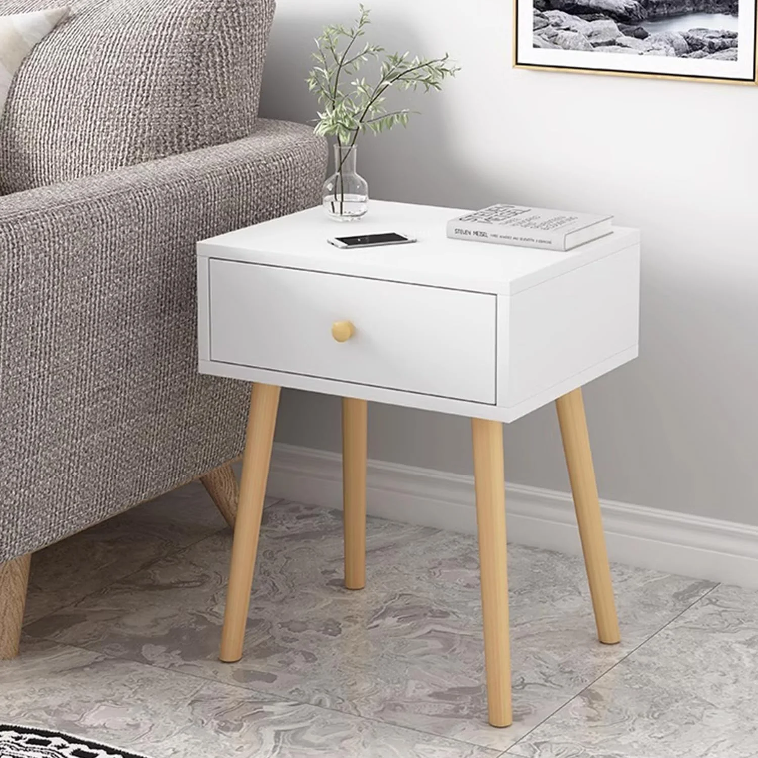 میز کنار تختی، میز کنار تختی مدرن و ساده با پایه چوبی محکم، کابینت نگهداری اتاق خواب با کشو، مناسب برای اتاق خواب، اتاق نشیمن (1 کشو)