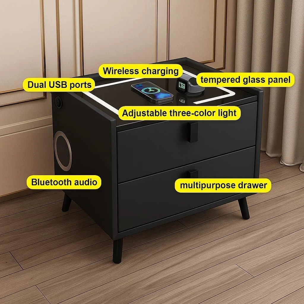 میز پاتختی هوشمند با شارژر بیسیم، پورتهای USB و بلندگوی بلوتوث | میز کنار تختی مدرن با 2 کشو و نورپردازی LED سه رنگ قابل تنظیم | میز کنار مبلی اتاق خواب و نشیمن | مشکی میز پاتختی هوشمند با شارژر بیسیم، پورتهای USB و بلندگوی بلوتوث | میز کنار تختی مدرن با 2 کشو و نورپردازی LED سه رنگ قابل تنظیم | میز کنار مبلی اتاق خواب و نشیمن | مشکی
