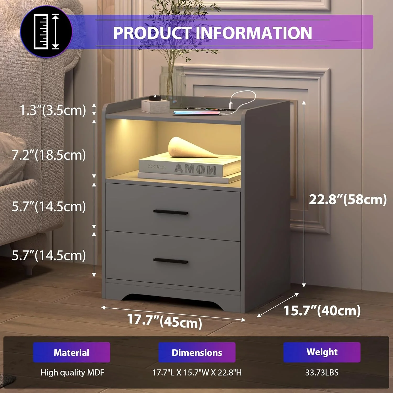 میز کنار تختی خاکستری با شارژ بی‌سیم، میز کنار تخت با کشو، میز کنار تختی هوشمند با چراغ‌های ال‌ای‌دی RGB با ۲۴ رنگ، میز کنار تختی ال‌ای‌دی مدرن برای اتاق خواب