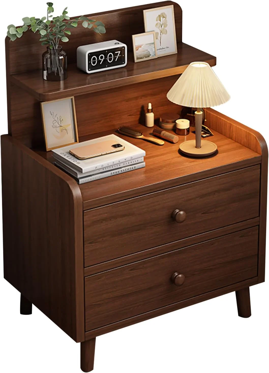 میز کنار تختی DAYONG، پاتختی مدرن با پایه های چوبی محکم، قفسه نگهداری کابینت کنار تخت با کشو، میز انتهایی محکم برای اتاق خواب، اتاق نشیمن، خوابگاه (مدل A - گردویی)