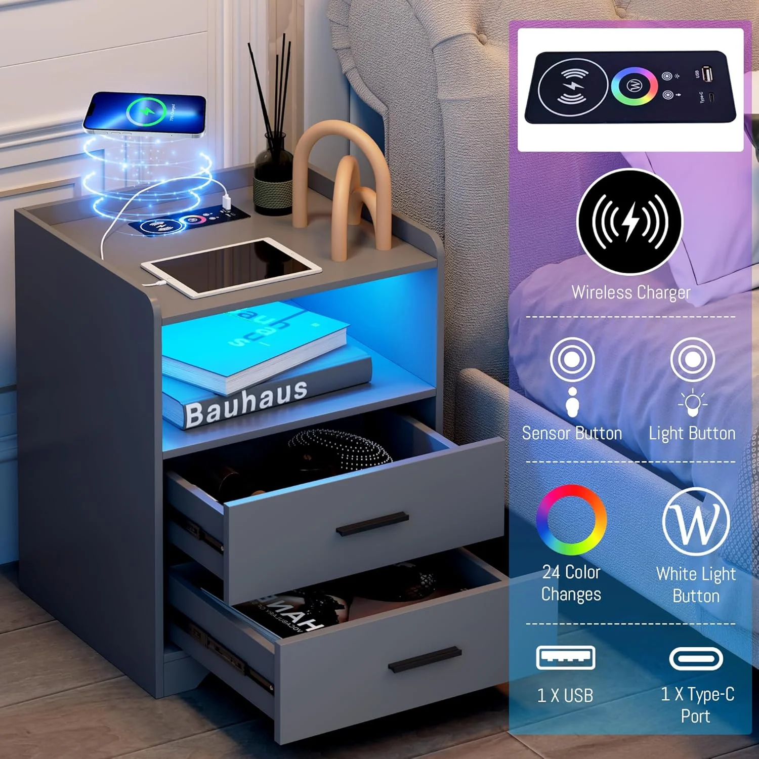 میز کنار تختی خاکستری با شارژ بی‌سیم، میز کنار تخت با کشو، میز کنار تختی هوشمند با چراغ‌های ال‌ای‌دی RGB با ۲۴ رنگ، میز کنار تختی ال‌ای‌دی مدرن برای اتاق خواب