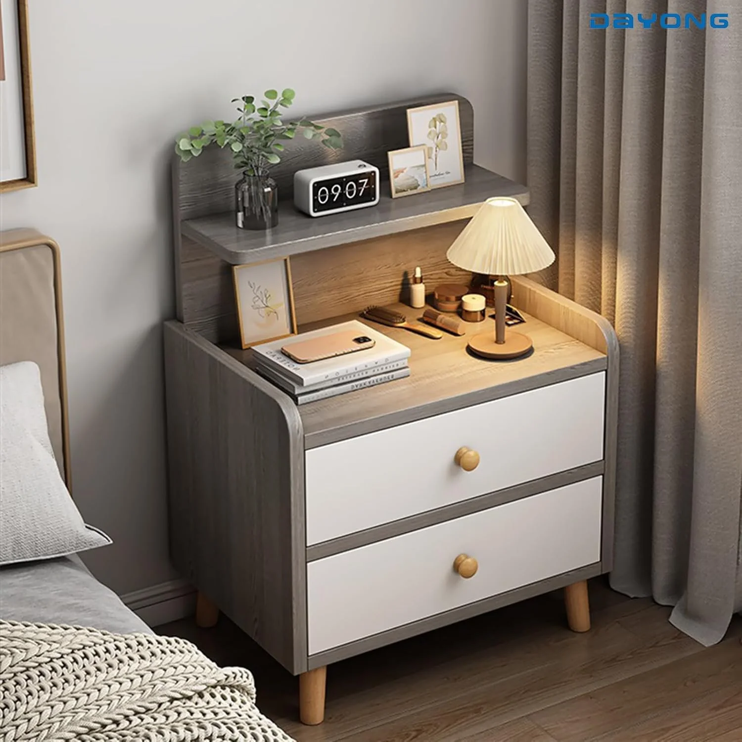 میز کنار تختی DAYONG، پاتختی مدرن با پایه های چوبی محکم، قفسه نگهداری کابینت کنار تخت با کشو، میز انتهایی محکم برای اتاق خواب، اتاق نشیمن، خوابگاه (مدل A - گردویی)