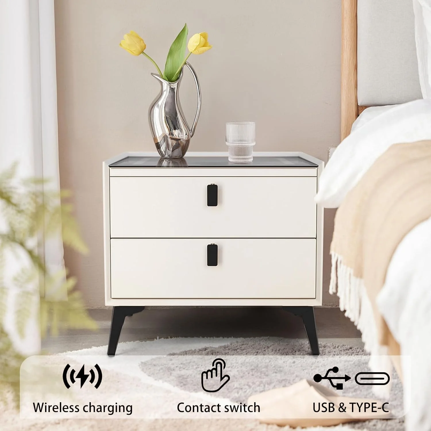 میز پاتختی هوشمند کول بیبی با شارژ بیسیم، پورتهای USB و Type-C، چراغهای LED قابل تنظیم، 2 کشو برای نگهداری، میز کنار تختی مدرن برای اتاق خواب، اتاق نشیمن و خوابگاه (سفید) میز پاتختی هوشمند کول بیبی با شارژ بیسیم، پورتهای USB و Type-C، چراغهای LED قابل تنظیم، 2 کشو برای نگهداری، میز کنار تختی مدرن برای اتاق خواب، اتاق نشیمن و خوابگاه (سفید)