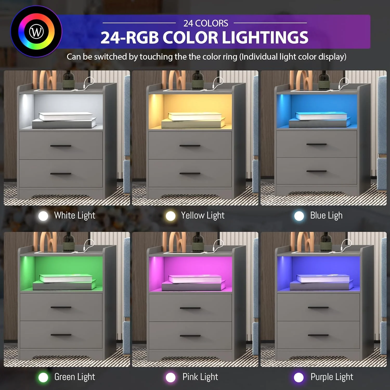 میز کنار تختی خاکستری با شارژ بی‌سیم، میز کنار تخت با کشو، میز کنار تختی هوشمند با چراغ‌های ال‌ای‌دی RGB با ۲۴ رنگ، میز کنار تختی ال‌ای‌دی مدرن برای اتاق خواب